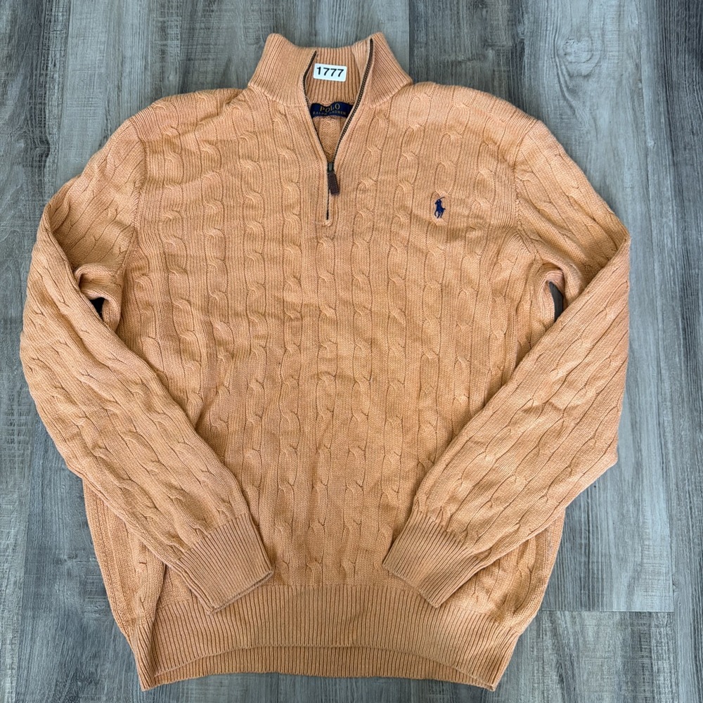 Polo Ralph Lauren Orange 100% Silk Cable Knit Quarter Zip Blue Pony Sweater XL